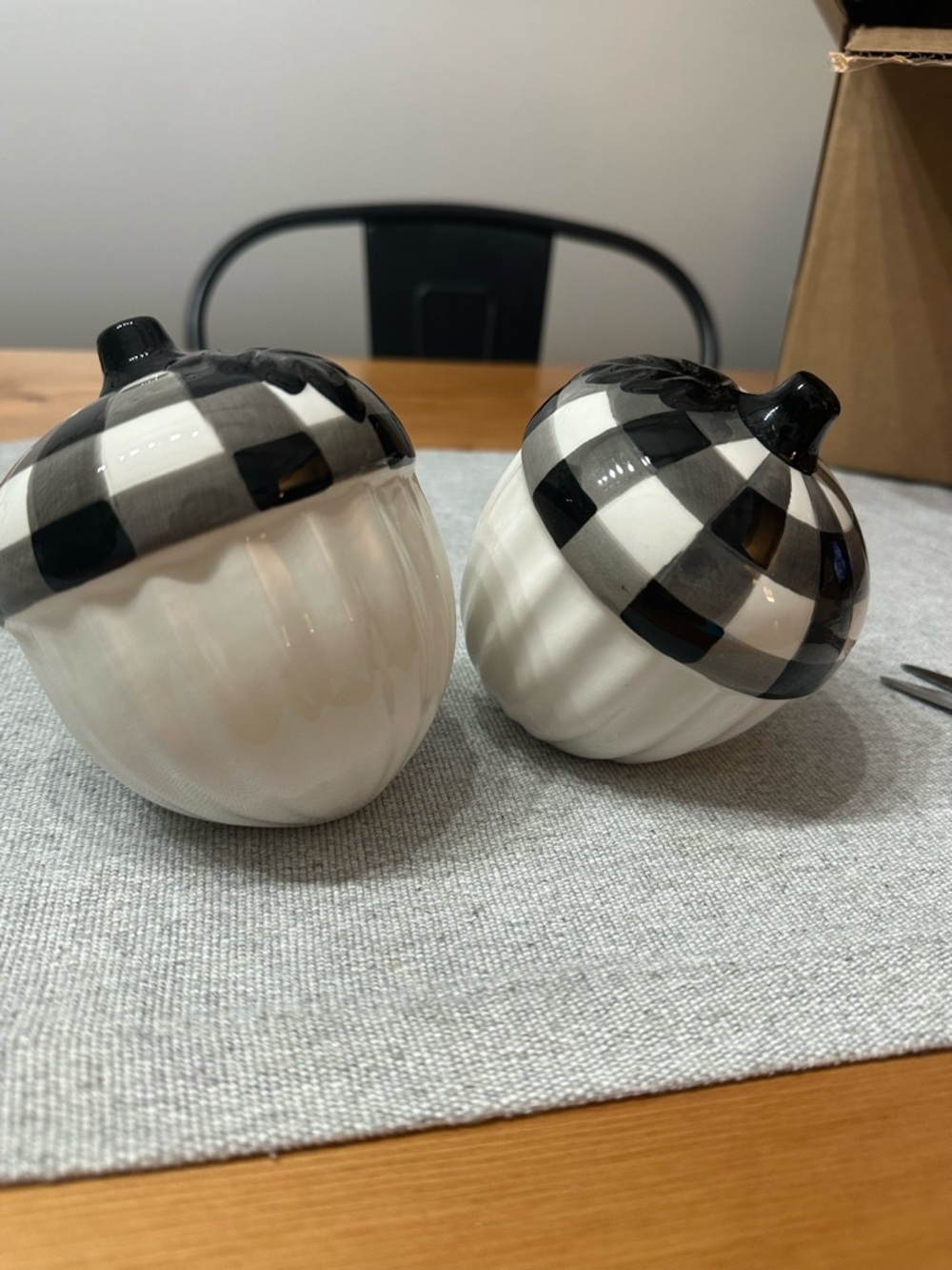 Set of 2 - Hobby Lobby Black and White Buffalo Check Ceramic Acorn Pair